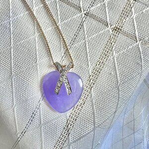 Lavender Jade Diamond Heart Pendant 14K Gold, Vtg Purple Jade Pendant, NO CHAIN